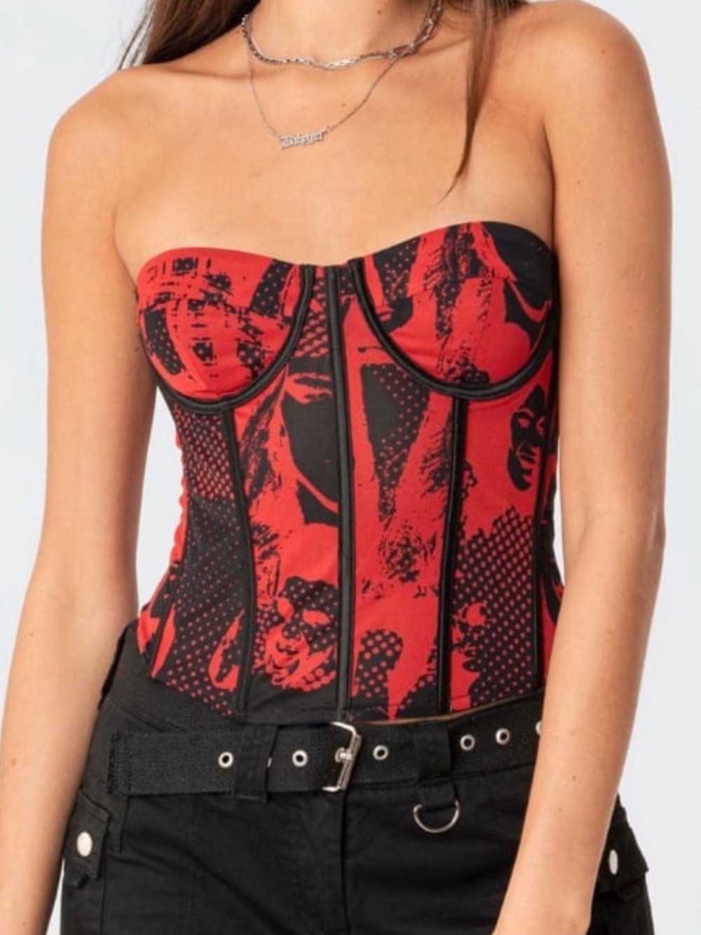 Elikted Red and Black Abstract Print Mesh Corset Top Size Small⁠